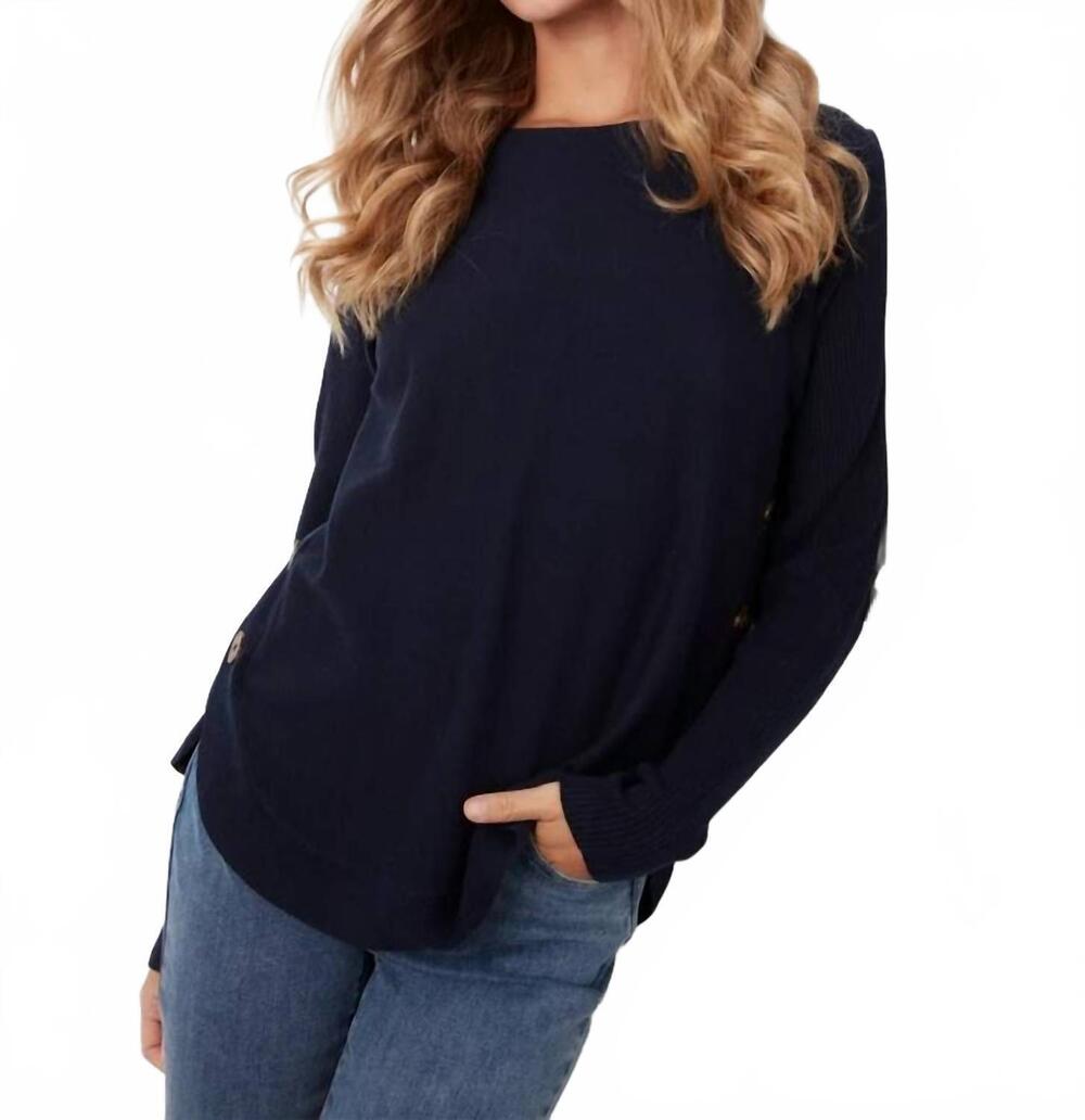 NEW CHARLIE B boat neck sweater with side button detail in navy